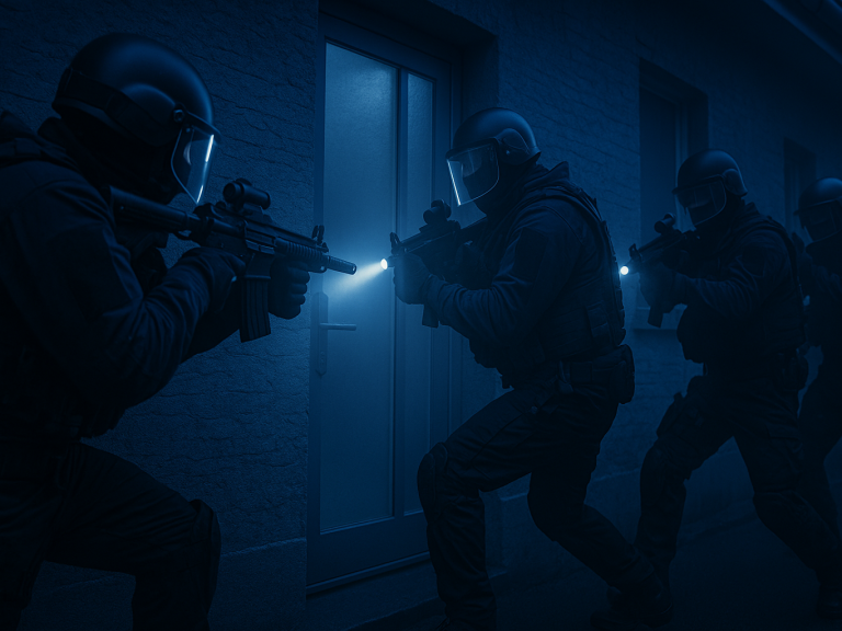 Vier schwer bewaffnete Personen in taktischer Ausrüstung durchqueren einen dunklen Flur.